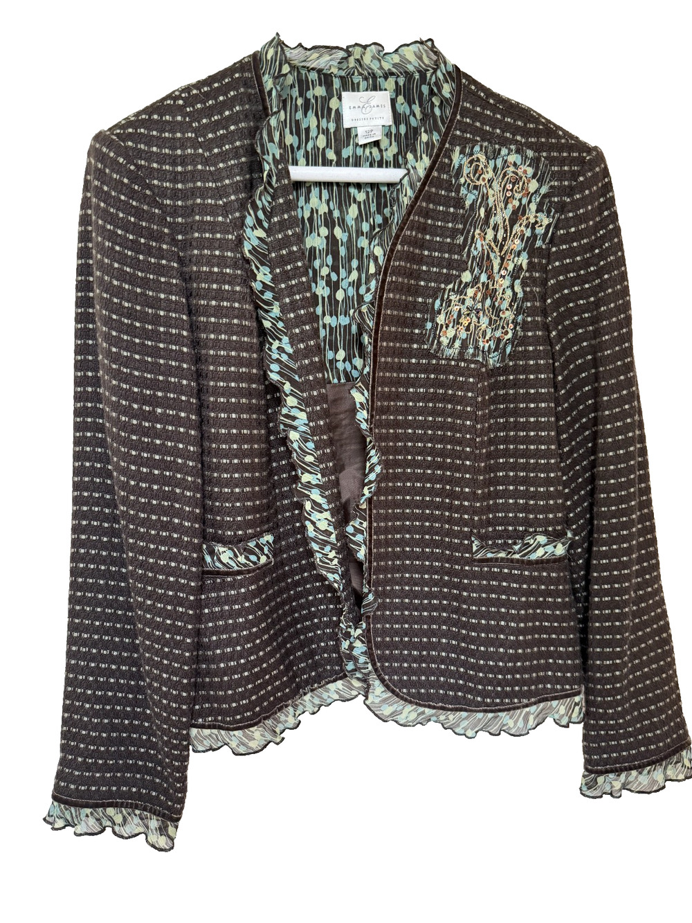 Emma James Chocolate Brown Embroidered Jacket w/ Teal Ruffle Trim Sz12 P Cottage